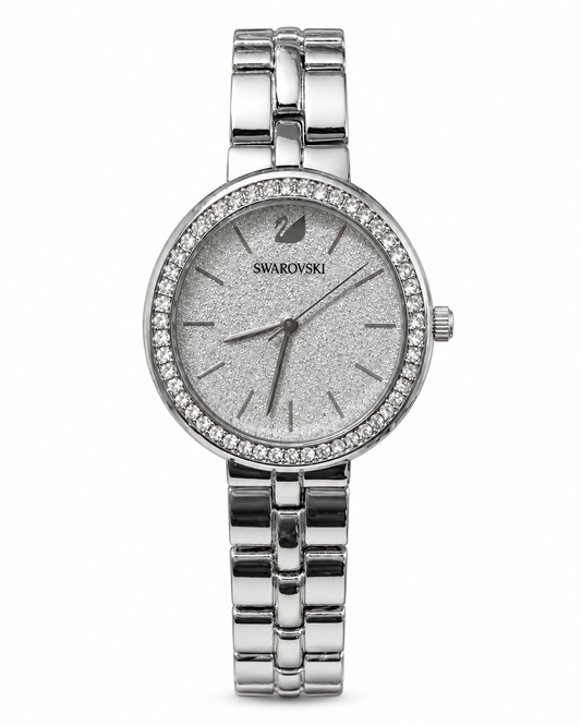 Silver-Tone Swar-vski Watch for Women Elegant Crystal Watch
