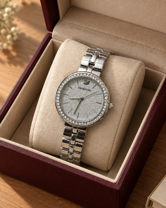 Silver-Tone Swar-vski Watch for Women Elegant Crystal Watch