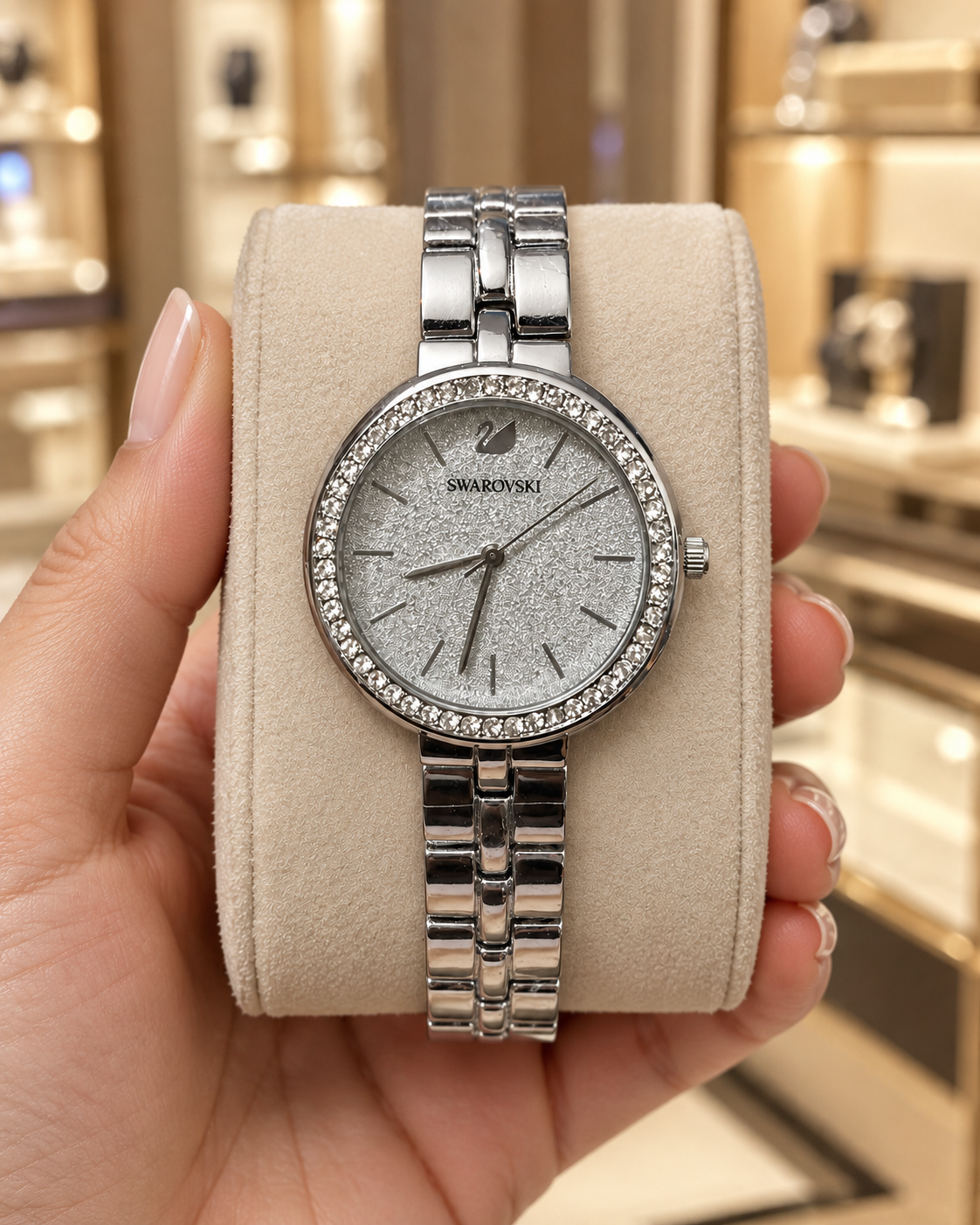 Silver-Tone Swar-vski Watch for Women Elegant Crystal Watch
